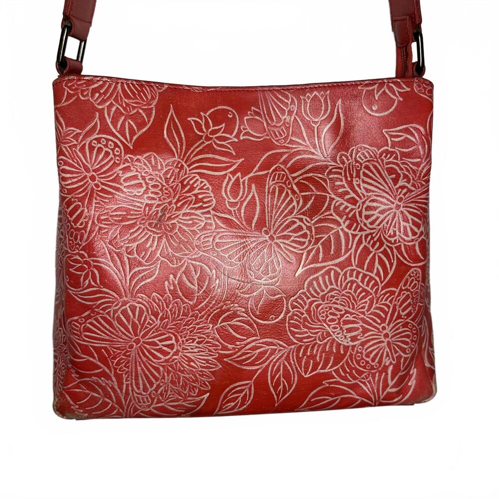 Anuschka Tooled Leather Crossbody Bag W/ Adjustable Strap-Butterfly Coral - Picture 5 of 9